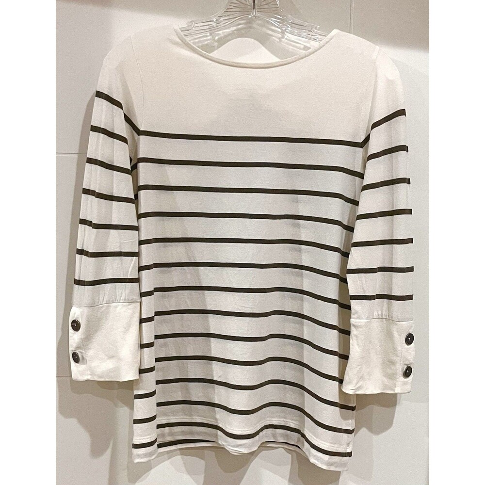 J. Jill Tie Back Cream/Moss Cotton Spandex Striped Knit Top 3/4 Sleeves Sz XS